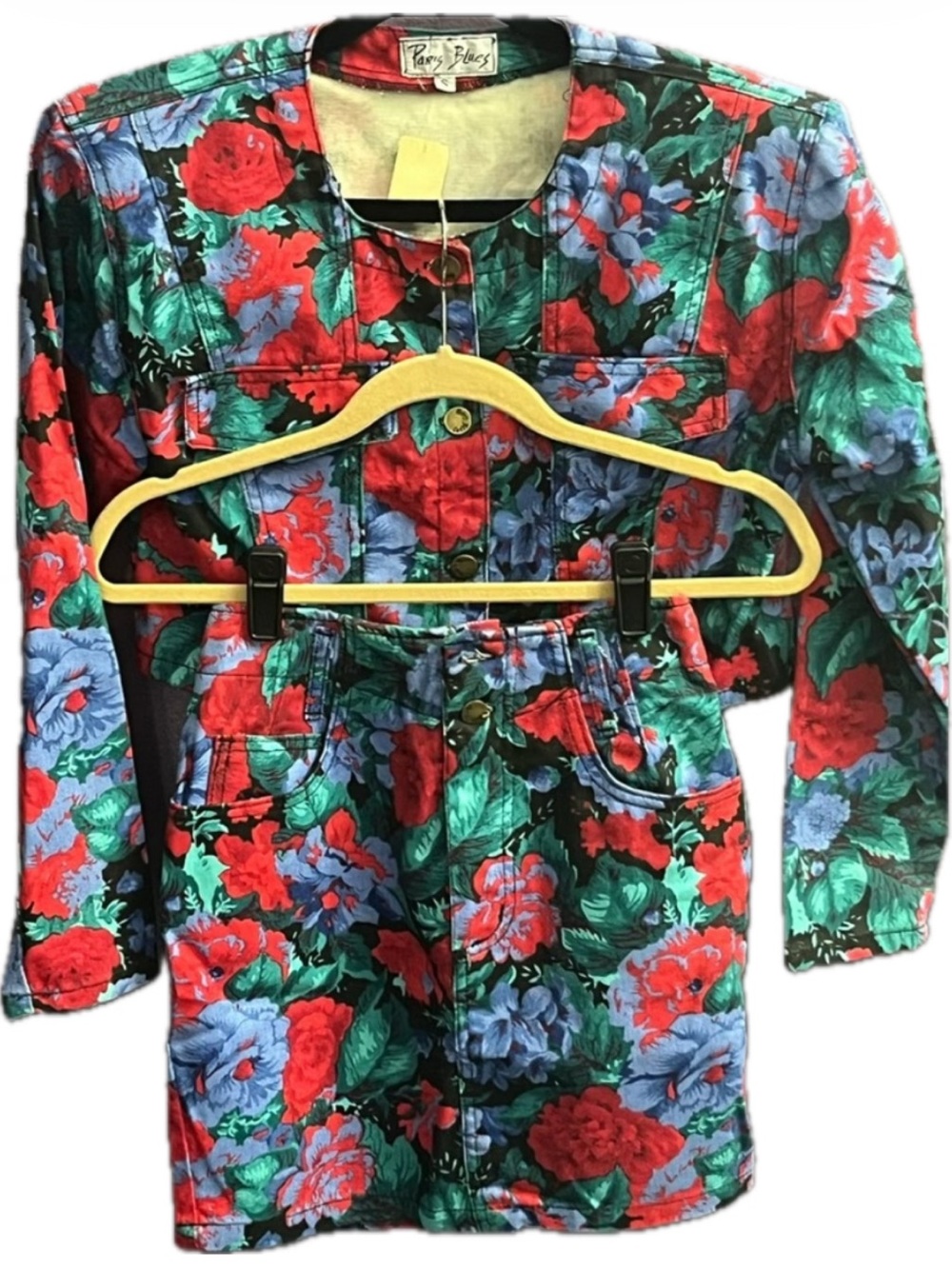 Paris blues vintage red green Jean denim roses cropped jacket mini skirt set 90s